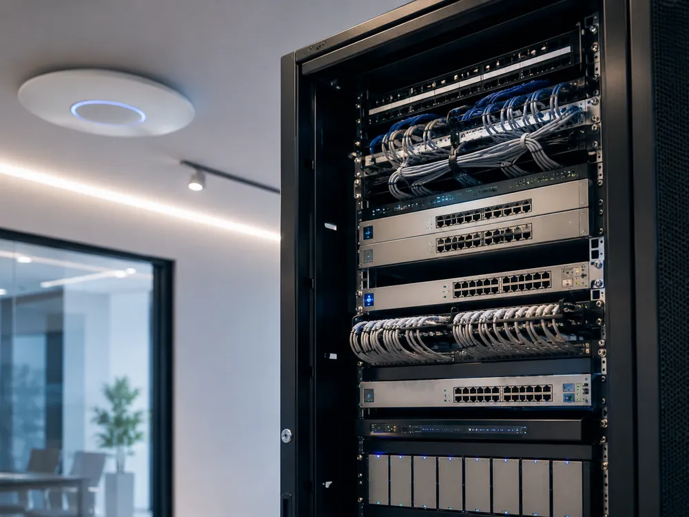 UniFi access point en UniFi switches met nette netwerkbekabeling in een serverrack bij een bedrijf in België